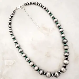 Large Desert Pearls & Green Turquoise Graduated Necklace Sterling Silver