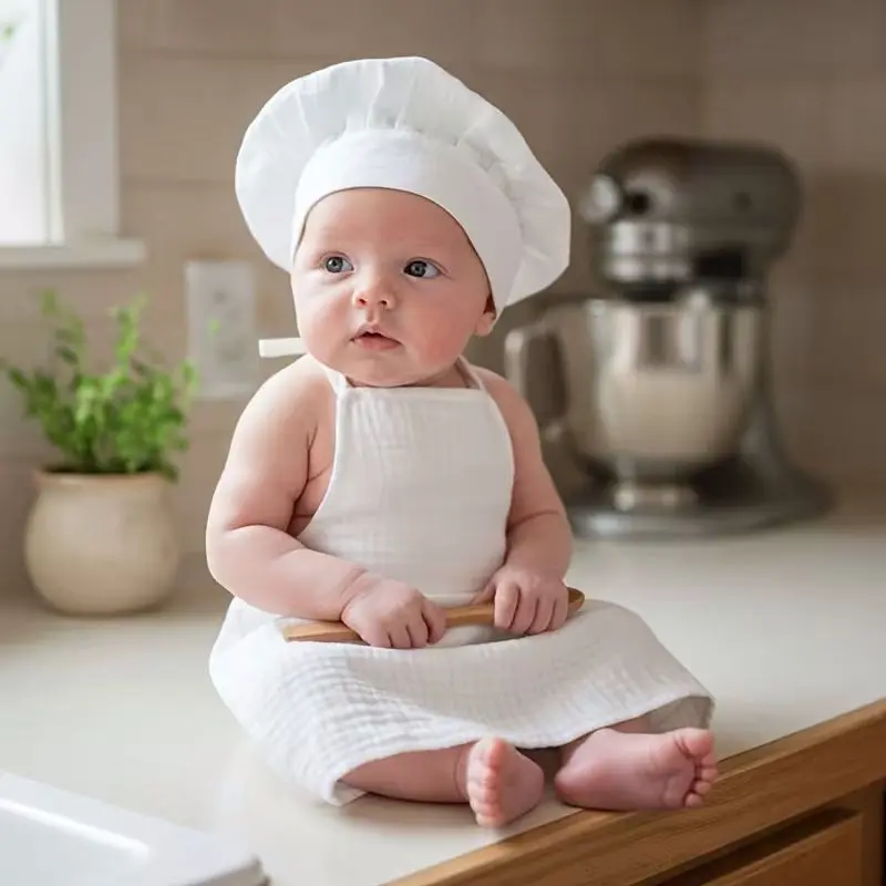 Newborn Photography Set, Chef Hat for Boys and Girls, Baby Apron, Soft Comfortable Kitchen Prop, Creative Baby Photo Costume Outfit, Perfect Gift