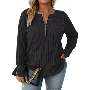 Womens-Plus-Size-Long-Sleeve-Tops Quarter Zip Pullover Lightweight Knit Sweaters Casual Shirts Trendy Blouses Tunics VPS0238