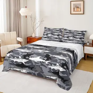 Camo Sharks Fitted Sheet Set,Black White Grey Camouflage Ocean Animal Bedding Set,for Kids Boys Teen Cool Shark Bed Sheets,Soft Microfiber Cool Wildlife Top Flat Sheet