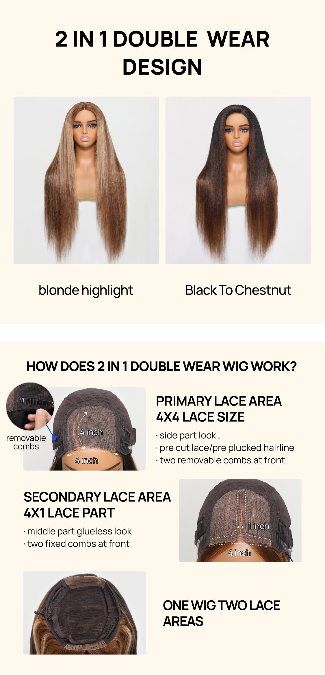 【Clearance】Nadula Double Wear 4x4 Yaki Straight Wig Ombre Chestnut Brown & Honey Blonde Higlight 2 Styles In 1 Put On And Go Wig TikTokShopSpringGlowUp Greenish