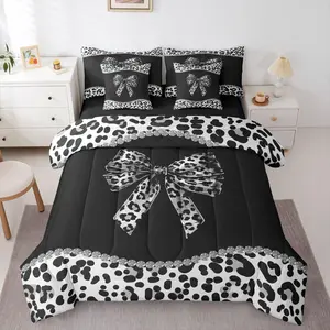 African Cheetah Bow Comforter Bed Set,Teen Girl Women Leopard Coquette Bow Bed Bag,Gray Black Modern Fashion 7 Piece Bedding Set,Leopard Print Bowknot Bed Set