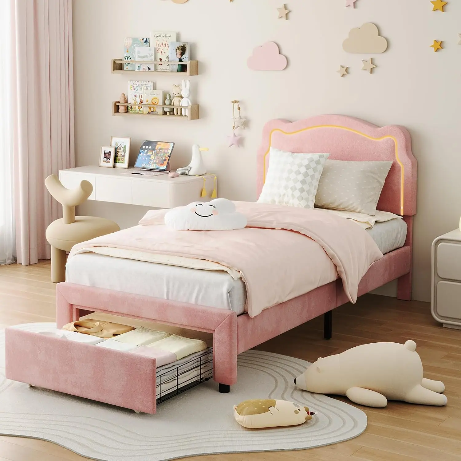 Blush Pink Twin Princess Smart LED Velvet Platform Bed Frame - Velvet Cover, Flower-Shape Headboard (44.1"-46.1" Height), Easy-Access Storage Drawer, Adjustable, Wooden Slats Support, No Box Spring Needed, Fits 10"-12" Mattresses, Assembly Required