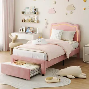 Twin Blush Pink Princess Smart LED Platform Bed Frame with Velvet Cover, Flower Shape Headboard, Storage Drawer, Wooden Slats Support, No Box Spring Needed, LED Lights