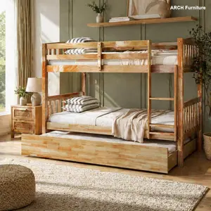 ARCH Twin Over Twin Rubber Wood Bunk Bed with Trundle, Convertible into 2 Twin Size Beds, Twin Size Bunk Bed with Ladder and Safety Guardrails,White Oak (Old Sku W504S00159)