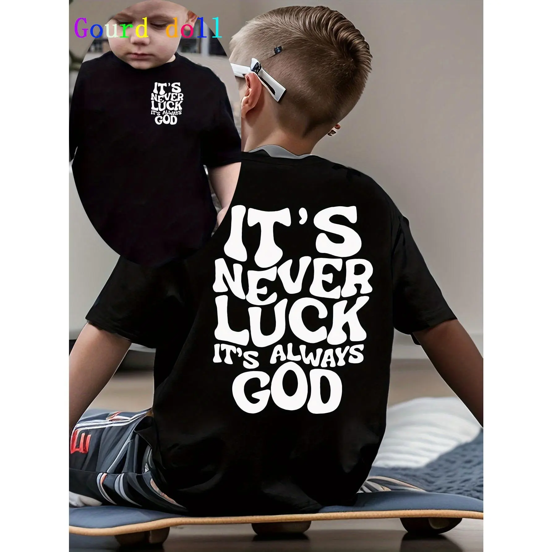 GOURD DOLL Boys' "IT'S NEVER LUCK IT'S ALWAYS GOD" Graphic T-Shirt - Black with White Lettering, Short Sleeve Round Neck Casual Summer Top, Machine Washable Regular Fit for Outdoor Activities