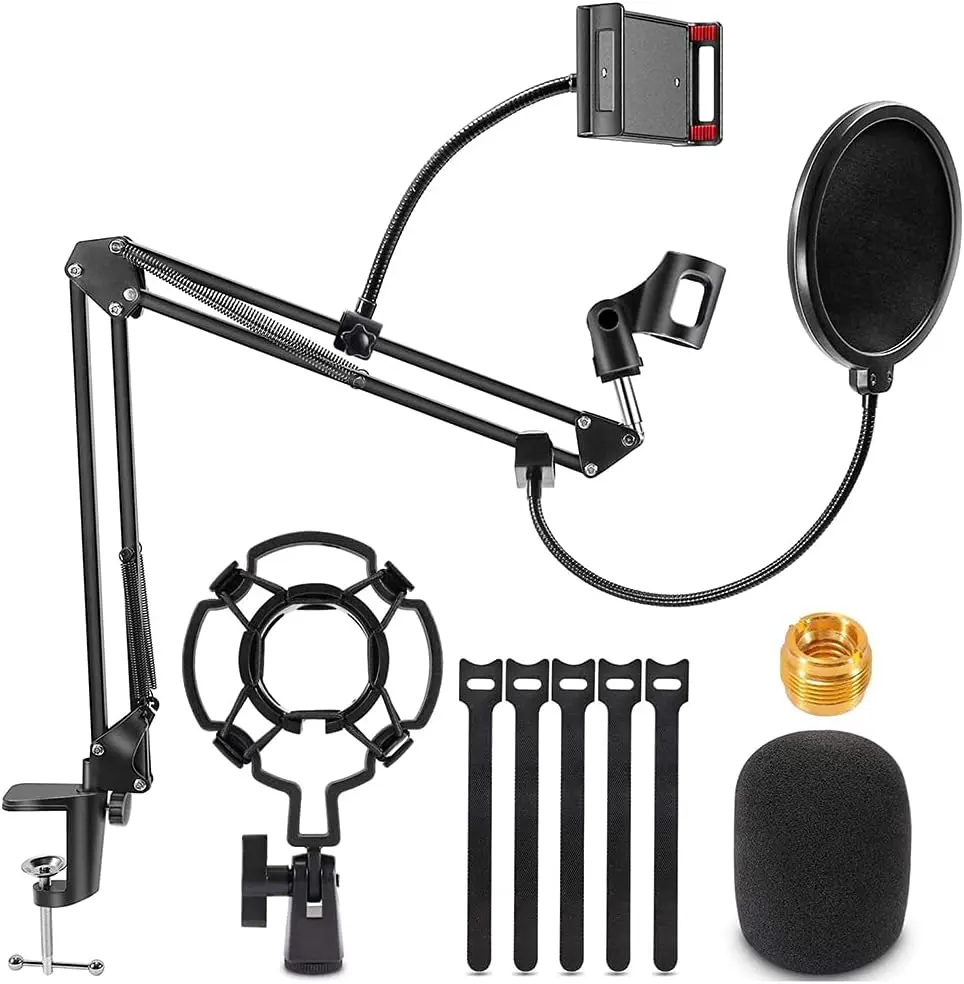Professional Microphone Arm Stand, Suspension Boom Scissor Mic Stand with Heavy Duty Clamp, 3/8" to 5/8" Adapter, for Voice-over, Gaming, Recording, Studio, Home Office