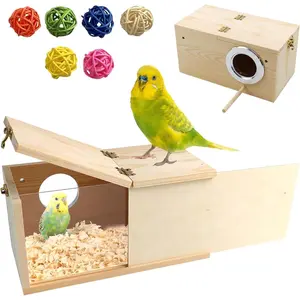 Acrylic Bird Nesting Box,Transparent Parakeet Nesting Box with Perch Natural Wood Cockatiel House for Cage Handcrafted Visible Budgie Breeding Home for Parrots Finches Conures Small Birds