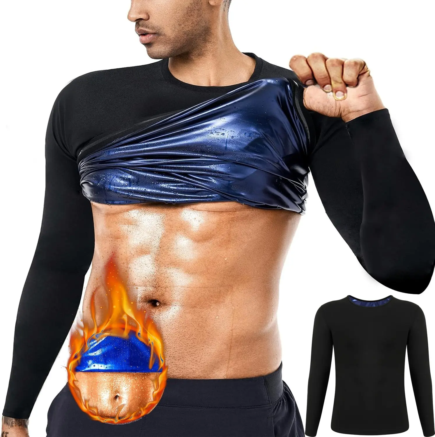 Men's 2-Pack Crew Neck Long Sleeve Stretchy Compression Body Shaper Vest - Active Sportswear, Polyester Soft Fabric Gym Workout Tee, Sauna Sweat Suit for Gym Exercise