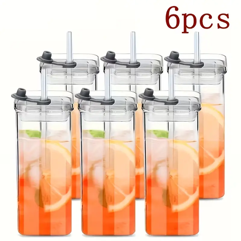 6-Piece Traditional Square Glass Tumblers (400ml/14oz) - Heat-Resistant, Transparent Kitchen Drinkware with Lids & Straws for Home Coffee, Milk Tea Use