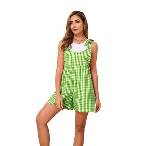 Summer Romper Casual Womens Jumpsuit with Cute Tie Shoulder Straps Loose Sleeveless Y2K Gingham Overall Shorts