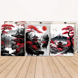 3 Counts Wooden Framed Canvas, Japanese Temple Landscape Art Prints, Exquisite Poster, Perfect Living Room Decoration, Modern Art, Fashion Family Poster, Wall Art Decoration, Waterproof Art, Modern Home Decoration