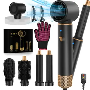 5-In-1 Hair Styling Brush Set with Gloves & Clips, 33,000 Rpm Hot Air Brush, Curling Iron, Straightener, Drying Smooth Tool