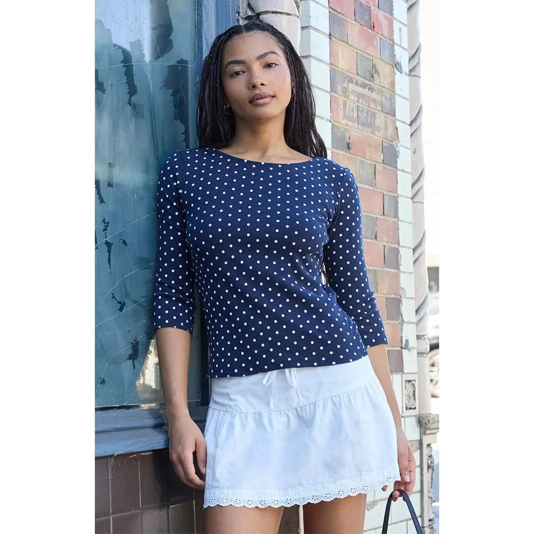 John Galt Women's Navy Jennie Polka Dot Long Sleeve Top