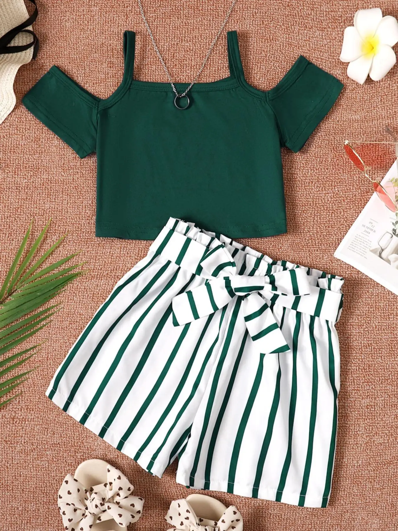 Girl's Outfits Set, Casual Cold Shoulder Crop Tee & Striped Print Shorts & Waist Belt for Summer, Kids Clothes for Daily Wear, Co Ord Set Summer