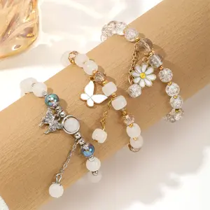 3Counts of Crystal Bracelet Powder Crystal Small Daisy Butterfly Pendant Ladies Beaded Bracelet Set Small Fresh Boudoir Student Summer Accessories