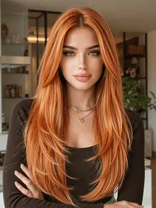 28-Inch Orange Long Layered Straight Wig with Middle Part, Ginger Heat Resistant Synthetic Fiber Wigs, Perfect for Daily Use, Music Festivals, Parties, Weddings, Christmas and Cosplay