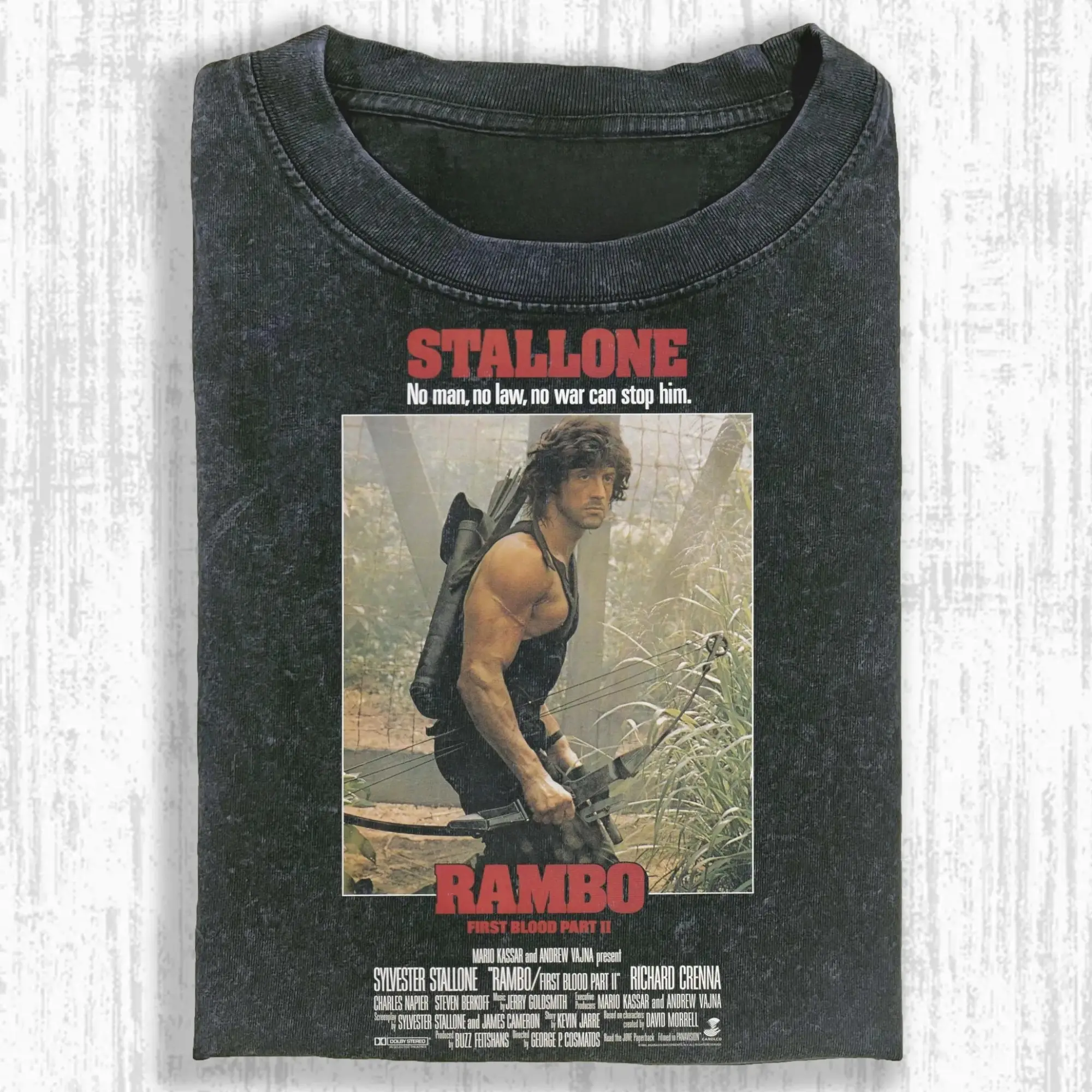 Vintage Rambo First Blood Part II Movie Poster T-Shirt - Retro 80s Action Film Sylvester Stallone Graphic Tee,  Funny Movie Graphic Tee, Fitted Short leeve T-Shirt - Men's Black Round Neck Menswear, Gift For Men, Gift For Women