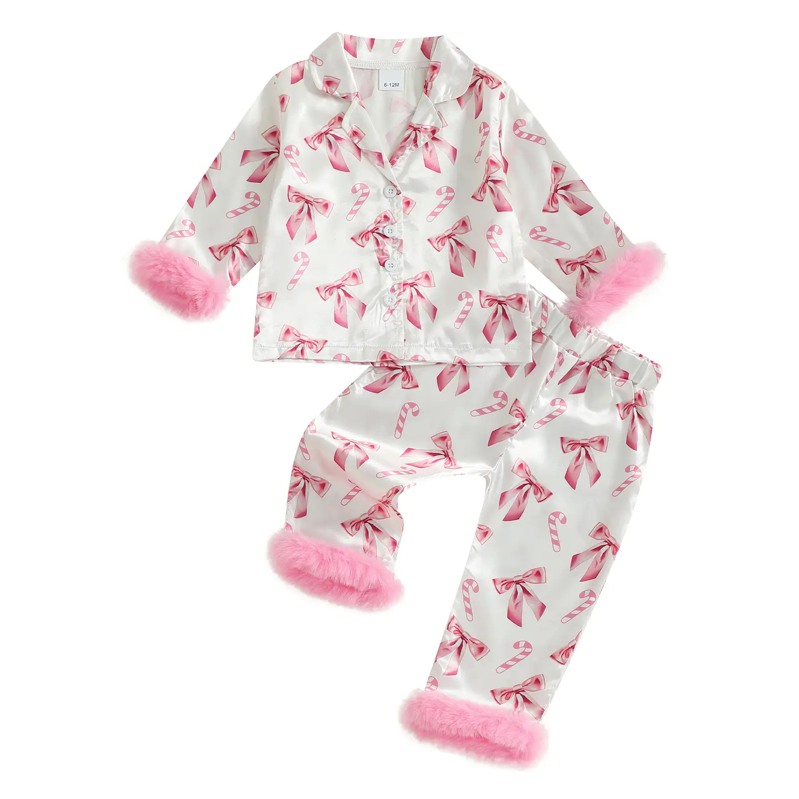 REDWOON Toddler Baby Girl Christmas Fuzzy Pajamas Set Candy Cane & Bow Button Down Shirt and Pants Holiday Pjs for Kids Loungewear Set