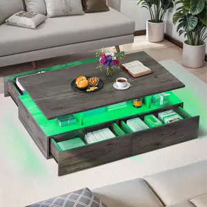 DWVO LED Coffee Tables for Living Room, Farmhouse Coffee Table with Storage 4 Drawers and Open Compartment, Modern Rectangle Coffee Tables Small Wood Tables for Home Decor, Office