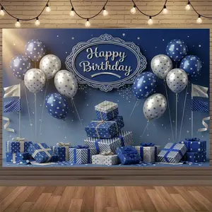 Blue & Silver Happy Birthday Backdrop | Elegant Party Photo Background