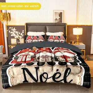 3pcs (1 comforter + 2 pillowcases) Christmas Gnome Flannel & Milk Velvet Comforter Set, Soft Warm Bedding Set for Adults, Cozy Holiday Bedding Essentials