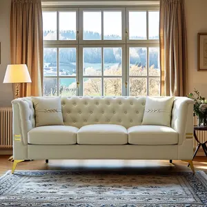 82.7" Chesterfield Velvet Sofa Couch, Modern Tufted 3 Seat Sofa with Gold Metal Legs & Throw Pillows, Luxury Living Room Couch for Home Apartment
