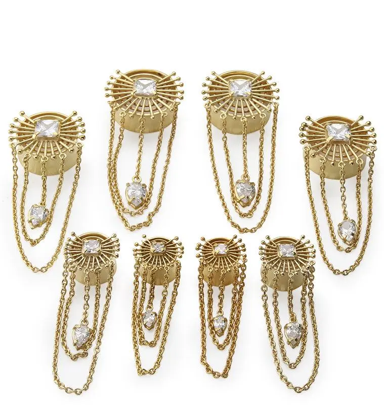 Gold PVD Brass Sunburst Tunnel Plugs With Chains
