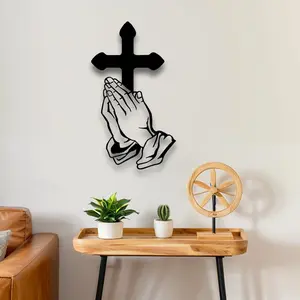Prayer Hand Metal Wall Art with Cross - Inspired Christian Home Decoration, Religious Home Decor, 15.75-Inch Iron Sculpture, Suitable for Living Room, Bedroom or Office, Wall Decoration