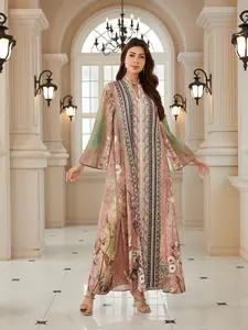 Women's Vintage Floral Print Rhinestone Long Robe, Dubai Style Kaftan Evening Dress, Ramadan Eid Abaya