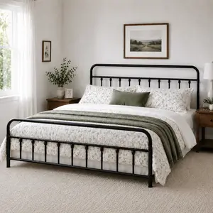 Costoffs Classic Iron Farm Style Platform Bed Frame - California King Size, Tall Headboard with Decorative Spindles, High Footboard, Sturdy Durable Metal Frame, Vintage Charm, Elegant Curves, Under-Bed Storage, Farm Style Bedframe