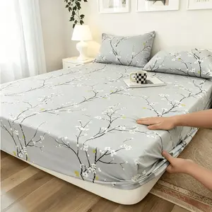 Elegant Floral Branch Pattern Fitted Sheet & Pillowcase Set, Floral Sheets, 3-Piece, Includes 1 fitted sheet + 2 pillowcases, no inserts included., Easy to Remove, Durable, Soft Comfort, Perfect Bedroom Decor