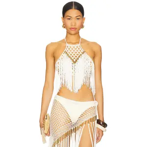 My Beachy Side Aria Hand Crochet Fringe Halter Top in Ivory