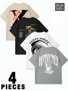 4Pcs Men's Plus Size  American Streetwear Graphic Print Short Sleeve T-Shirts, Summer Loose Casual Gothic Tops for Daily Commuting, Streetwear, Gym Workout, Weekend Getaway, Beach Vacation, Date Outing, Music Festival