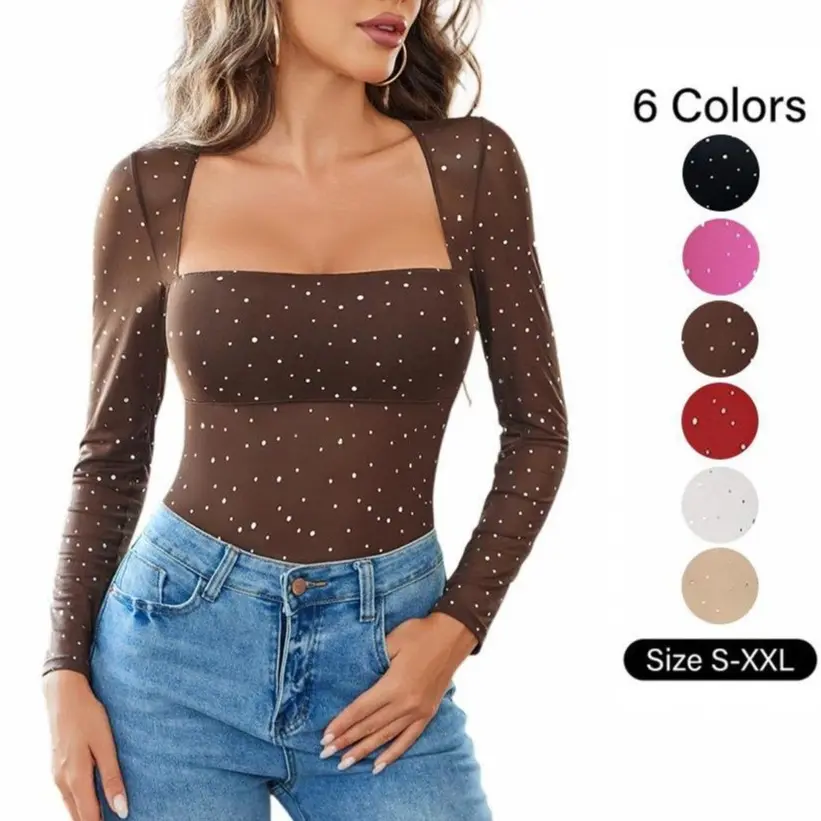 Avidlove Women's Fashion Square Neck Long Sleeve Rhinestone Sheer Mesh Bodysuit, Suitable for Year-Round Styling Clothes