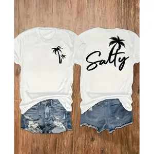 180g[100%cotton]Womens Salty Graphic Tee Short Sleeve Crewneck Summer Beach Vacation Shirt Cute Palm Tree Print Casual Loose Fit Soft Cotton Top