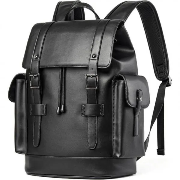 Men Women Retro Plain Leather Drawstring Backpack, Water Resistant Large Capacity 15.6 Inch Laptop Compartment Bag for Travel Casual Commute