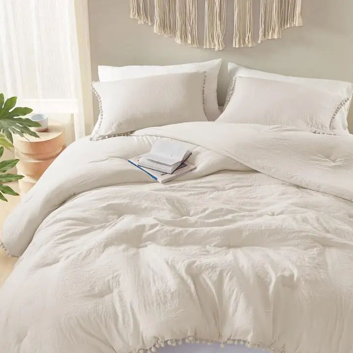 Codi Beige Twin Comforter Set for Girls - Boho Aesthetic Pom Fringe Design Cute Bedding, Soft Washed Microfiber Taupe Bed Sets, Lightweight Chic,1 Comforter & 1 Pillowcase (68x90 Inches)