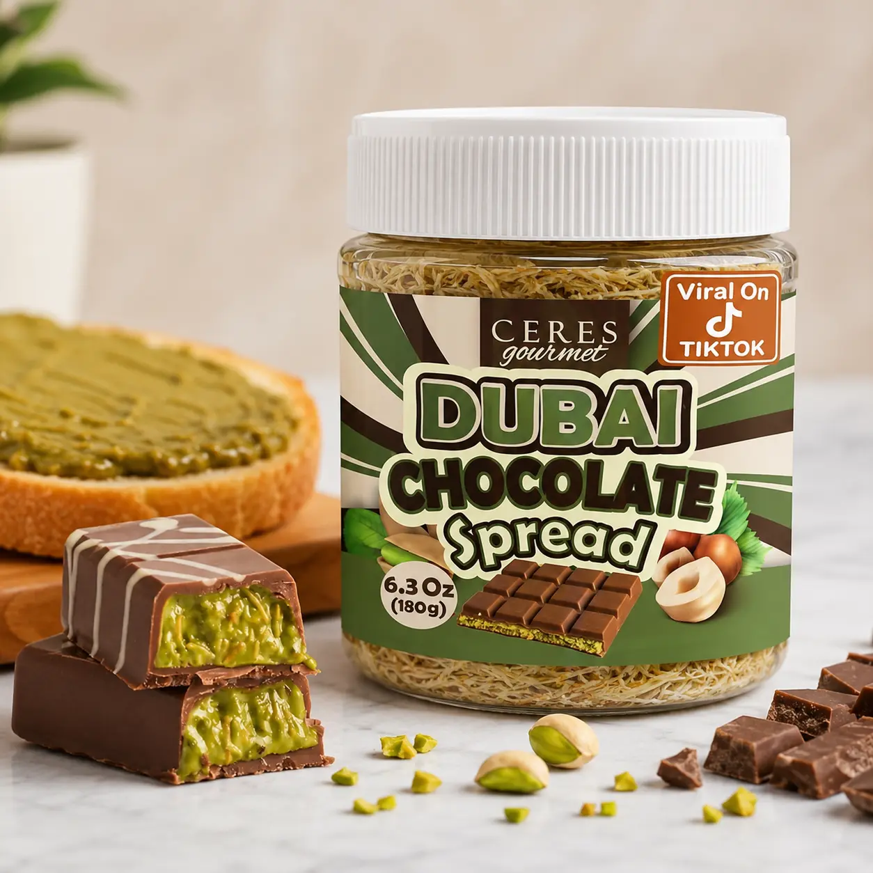Dubai Chocolate Spread – 6.3 oz Jar with Pistachio, Kataifi & Gourmet Dubai Chocolate Filling for Pancakes, Breakfast, Snacks, and Desserts