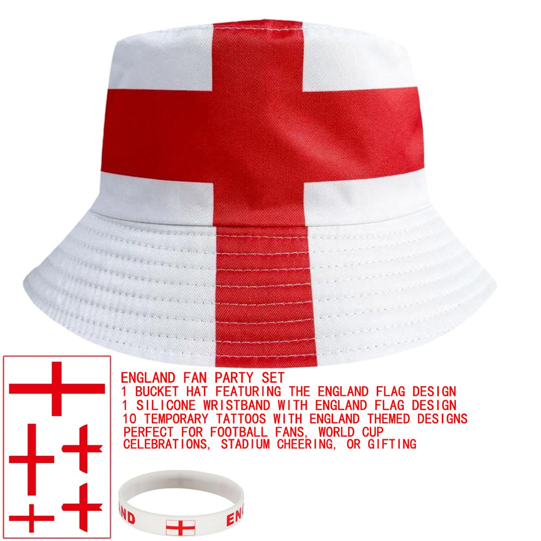 World Cup Fan Gear - Bucket Hat, Silicone Wristband & Temporary Tattoos for Argentina, Brazil, USA, Mexico, England Fans | Soccer Party, Stadium Cheering, Sports Accessories