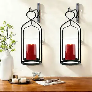 Set of 2 Iron Wall-Mounted Candle Holders with Transparent Glass Cups, Perfect for Christmas and Other Holiday Home Decorations