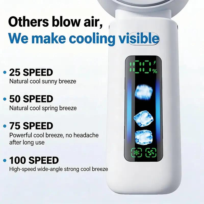 Portable Fan with Cooling Plate 100 Speed Settings Brushless Motor Silent Design 120 Degree Angle Compact Size Ideal for Summer