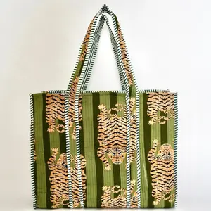 Large Green Tiger Tote Bag - 100% Cotton, Hand Block Printed, Reversible, Interior Slip Pocket, Adjustable Handles, Machine Washable, Ideal for Daily Use & Versatile Occasions