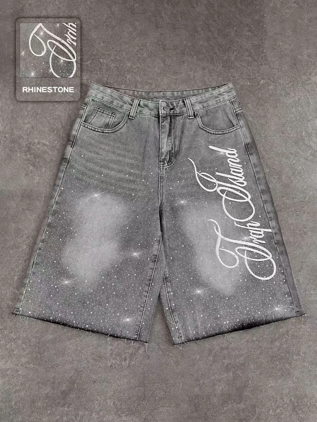 Studded Embroidered Casual Jeans, LetterEmbroidery Shorts, American Street Style, FashionDaily Wear Denim, High Waist, Button Fly, All Seasons tiktokshopbacktoschool