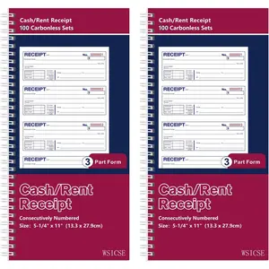 2 Pack Receipt Books with Carbon Copies, Rent Receipt Book, 3-Part Carbonless, 5.24" x 11, (White,Yellow and Pink), 100 Sets Per Book