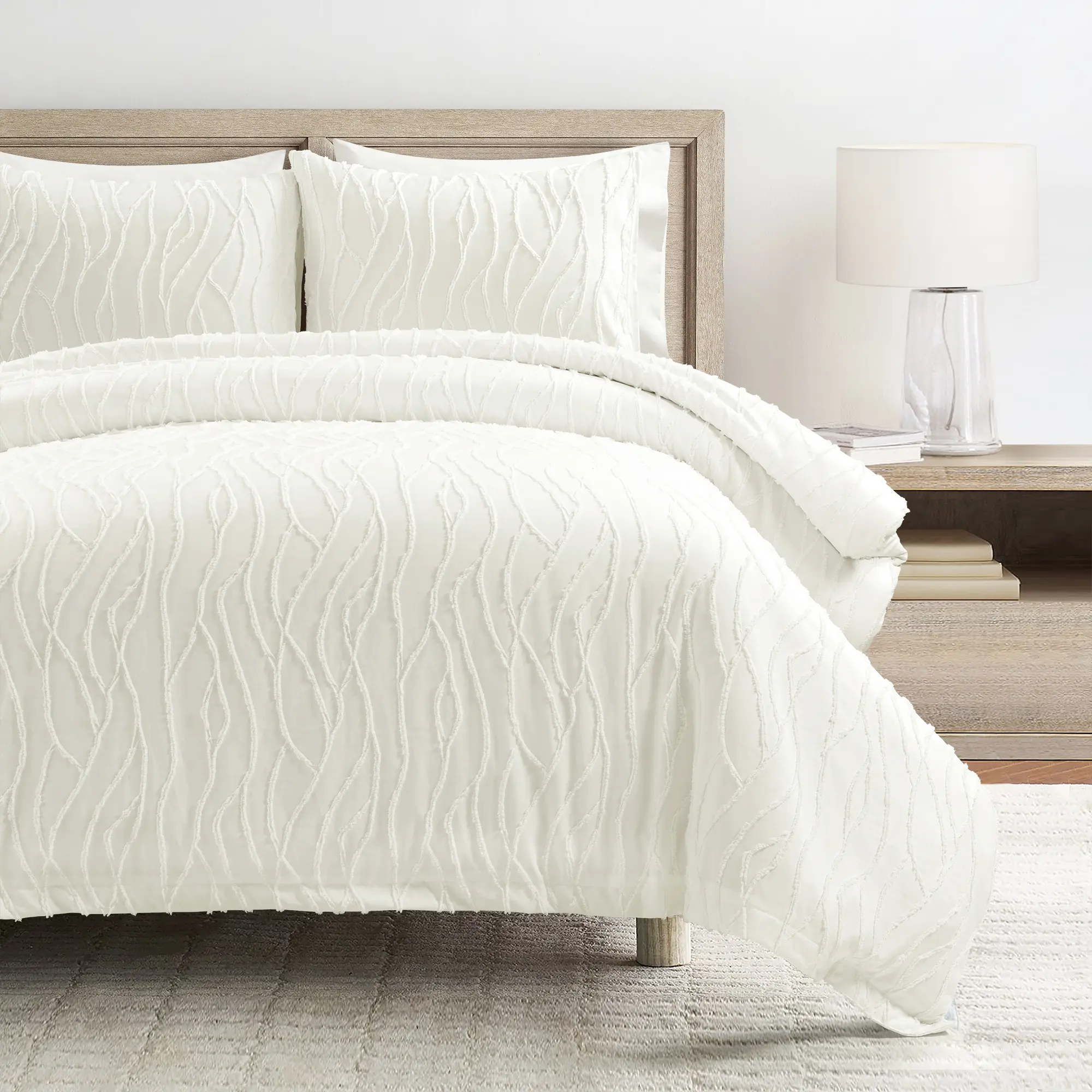 Lush Decor Jacquard Wave Duvet Cover Set 3 Piece Full Queen King Soft White Textured Bedding Tufted Clip Design for Cottage Coastal Bedroom Decor