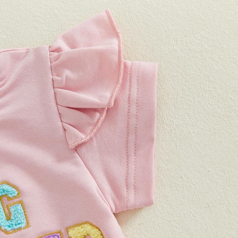 Toddler Baby Girl Easter Outfits Letter Embroidery Crew Neck Short Sleeve T-Shirt with Shorts 2 Pcs Set for Spring& Summer