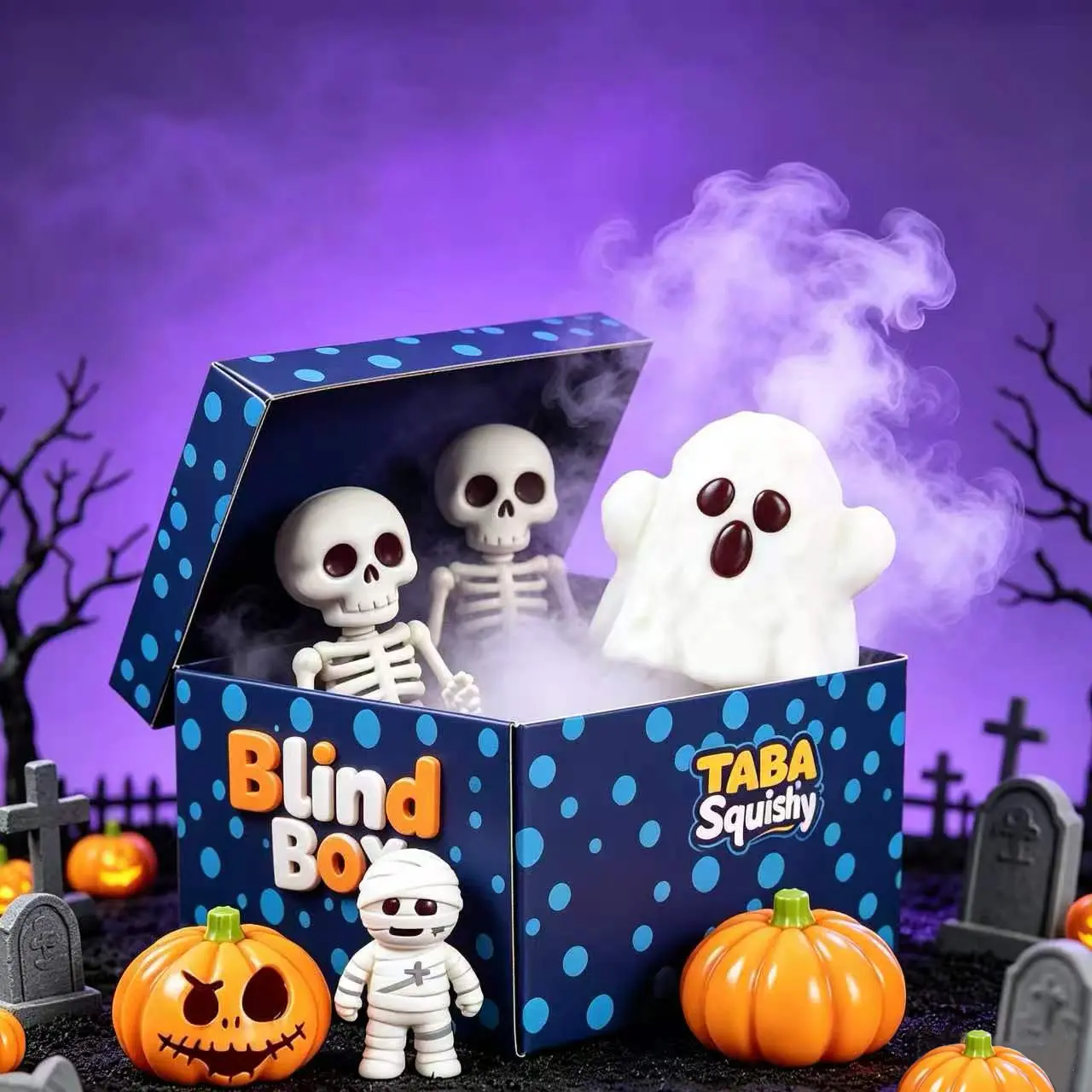 TABASQUISHY Handmade Halloween Slow-Rising Blind Box Toy - 4 Styles (Pumpkin, Jack-O-Lantern, Ghost, Mummy), Spooky Faces Fidget Squeeze Toy, Soft Sensory Stress-Reliever Collectible Plush, Food Grade Back-to-School Gift for Kids
