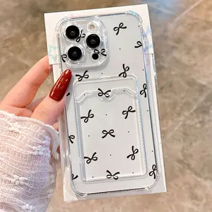 Transparent Card Holder Case with Bow Design, Anti-Drop Phone Cover for iPhone 15 Pro Max, Cute Goat Pattern, Fits Apple 14/13/12 Series