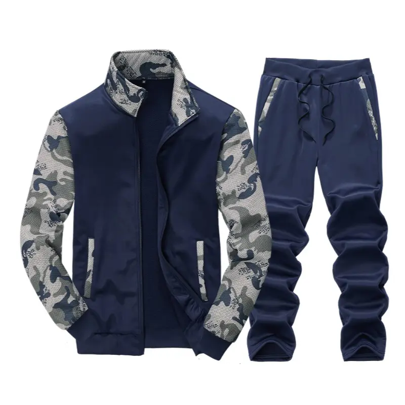 Men's 2-Piece Navy Blue & Camouflage Color-Block Stand Collar Active Tracksuit, Long Sleeve Fleece-Lined Warm Athleisure Sportswear Set with Zip-Up Jacket & Jogger Pants for Casual Fitness, Matching Sweatsuit, Casual Fitness Sportswear, Active Tracksuit S